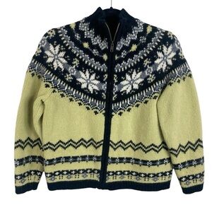 Nordic Design Women’s Yellow Fair Isle Zip Lambswool Angora Cardigan Sweater Sm
